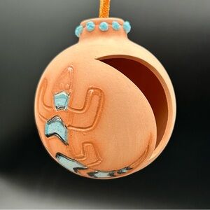 Southwest Lizard Terra Cotta Pottery Ornament Teal Inlay 3” Hanging